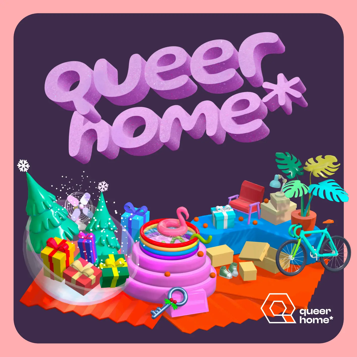Illustration mit dem Schriftzug **„queer home*“**: bunte, winterliche Szene mit **Tannen und Geschenken**, **Regenbogen-Pool mit Flamingo**, Kartons, Pflanze und Fahrrad; **queerhome*-Logo** unten rechts.