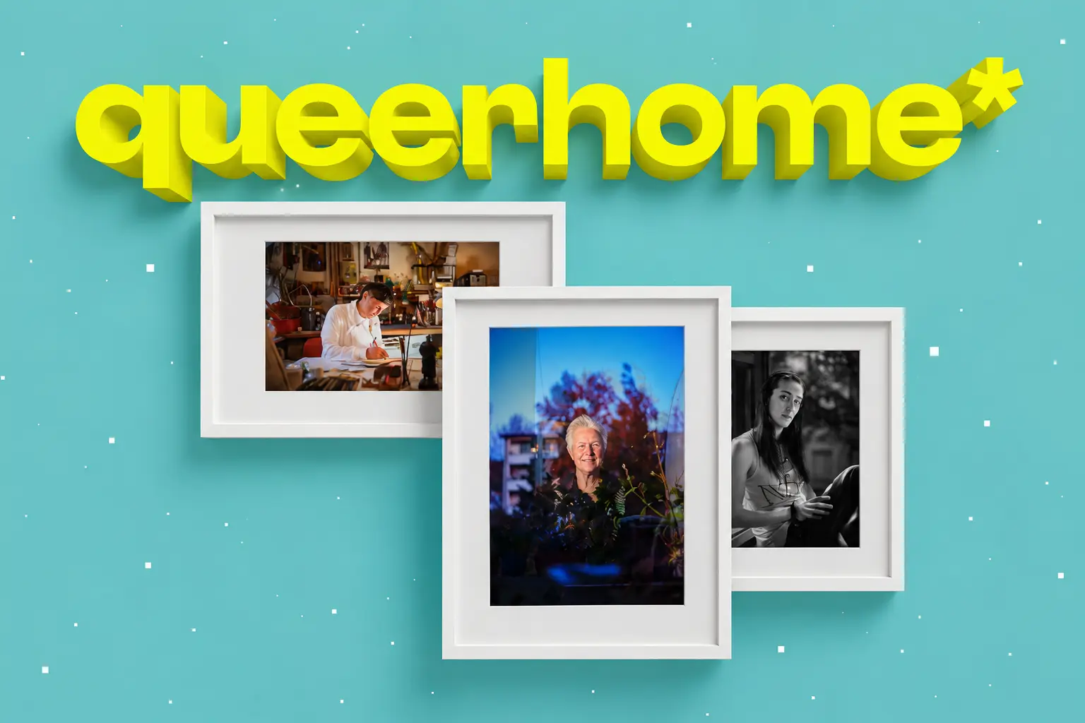 Queerhome* Wanderausstellung Grafik zur queerhome*-Wanderausstellung mit gelbem queerhome*-Schriftzug auf türkisfarbenem Hintergrund und drei gerahmten Porträtfotografien.